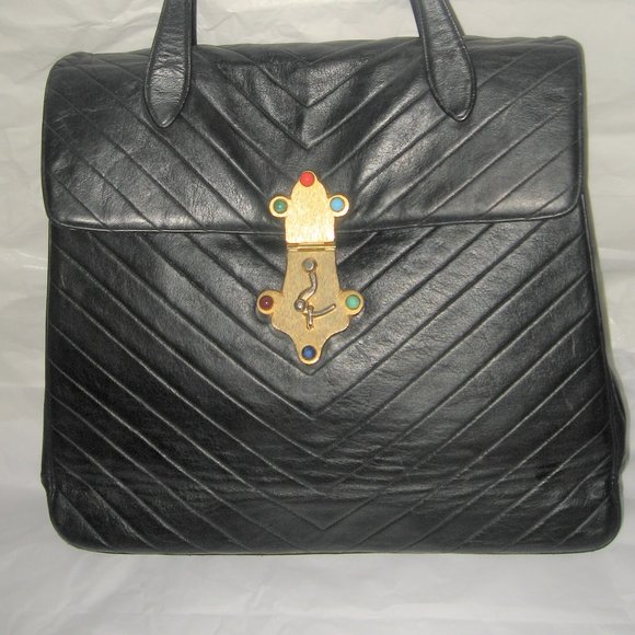 ❤️ HARRY ROSENFELD XL Black Soft Quilted V Leather Cabachon Top Handle Bag - Picture 5 of 15